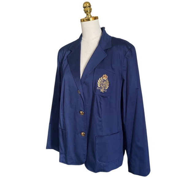 Ralph Lauren Women’s Navy Blue Crest Patch Classic Cotton Blazer Size 2X Preppy - Picture 3 of 8